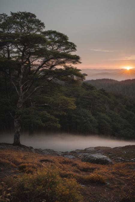 raw photo, a sunset landscape, Valdivian temperate forests, Chilean forest,  cozy, photorealistic, high detailed texture, 8k uhd, dslr, soft lighting, high quality, film grain, Fujifilm XT3, Sony A7 IV, highly detailed photography, (muted colors, cinematic, dim colors, soothing tones:1.2), vibrant, insanely detailed, hyperdetailed, (dark shot:1.2), (vsco:0.3), (intricate details:0.9), (hdr, hyperdetailed:1.2) (highest coherency: 1.39) (highest quality: 1.39) (rule of Thirds) (award winning) (breathtaking) (masterclass) (vibrant color: 0.79) (mist)