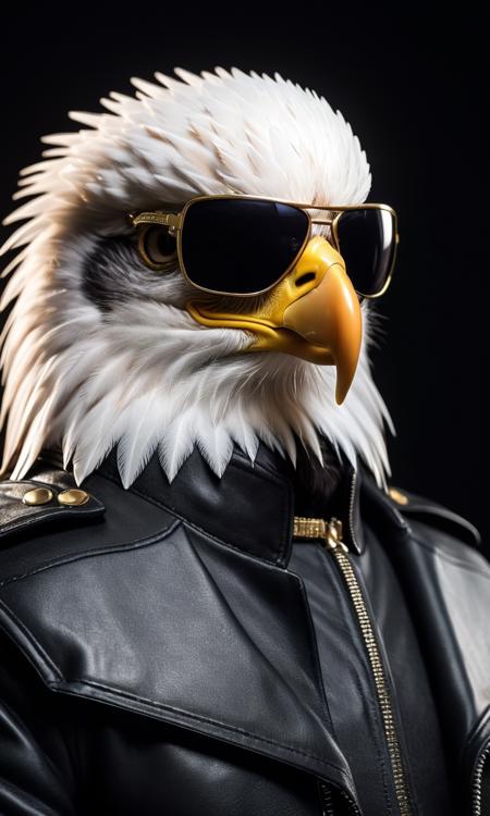 cinematic film still <lora:AnimAl P FFusion:1> eagle wearing sunglasses and a leather jacket with a black background, k9, looking heckin cool and stylish, gopnik in a black leather jacket, weared in leather armor, fursona wearing stylish clothes, nasus, security agent, discord profile picture, albert wesker, security rhox . shallow depth of field, vignette, highly detailed, high budget, bokeh, cinemascope, moody, epic, gorgeous, film grain, grainy