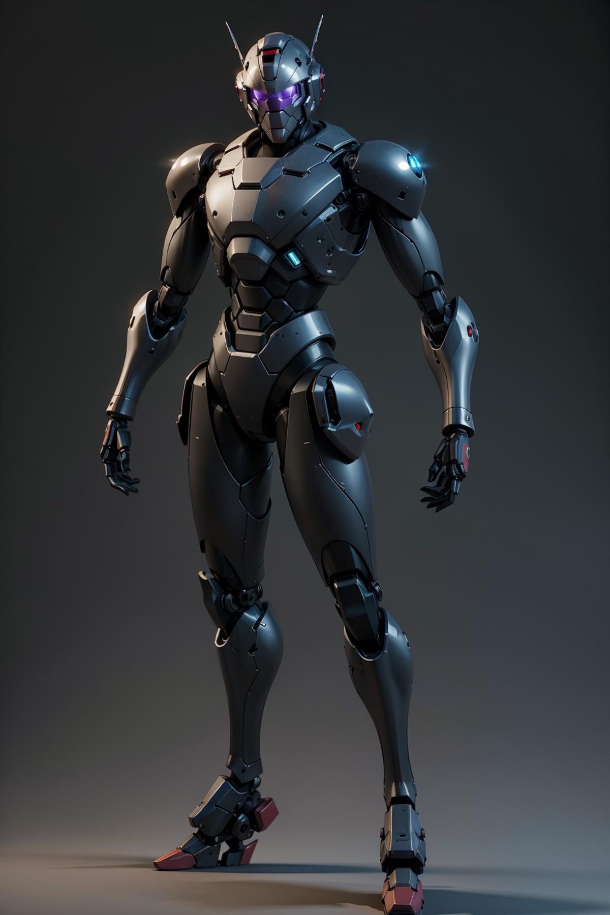 A computer-generated image of a robot with a metallic body, standing in a dark grey setting.