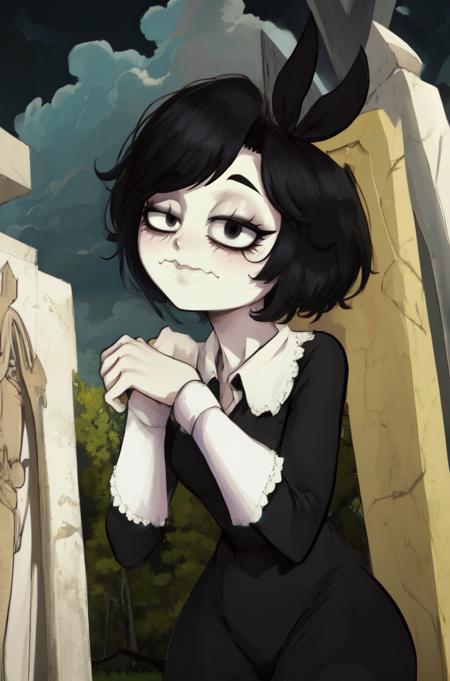 Susie,short hair,bags under eyes,pale skin,wavy mouth,black eyeliner,black eyes,(right eye half closed,left eye open),
black dress,black long sleeves,wrist cuffs,black hair ribbon,
standing,upper body,
cemetery,night,cloudy,
(insanely detailed, beautiful detailed face, masterpiece, best quality),solo,<lora:SusieB98:1>,