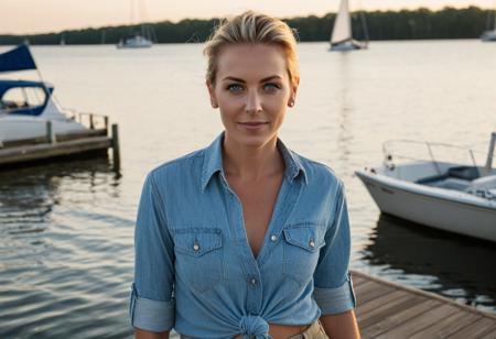 A realistic, hyper-detailed 8K editorial-style portrait of a 40-year-old woman with sleek blonde hair tied back, piercing blue eyes, soft wrinkles and grounded elegance. She wears a rolled-sleeve denim shirt and khaki shorts. She stands on a dock in Chesapeake Bay, with sailboats in the background and golden-hour lighting reflecting off the water. Natural sunlight, breeze in her hair, Nikon Z9, 50mm lens, f/2.0, crisp textures, realistic water reflections.photography , editorial photo,  realistic , natural light,  highly detailed