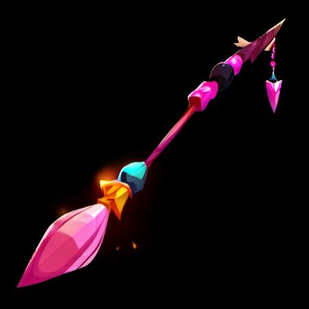 <lora:Game Icon InstituteXL1:1>,(masterpiece, top quality, best quality, official art, beautiful and aesthetic:1.2),(8k, best quality, masterpiece:1.2),a cartoon style pink arrow with a flame coming out of it's end and a black background with a black background, simple_background, weapon, no_humans, glowing, black_background, gem, light_particles, broom, still_life