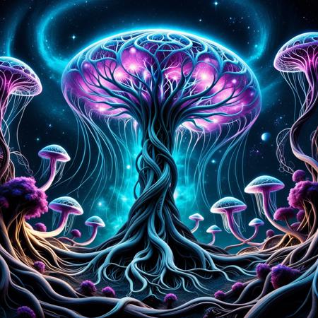concept art .<lora:Treeroots_0_90_multi2_Handprocessed_V2:0.8> pg-tr, In a liminal realm between galaxies, a surreal garden of root-shaped nebulae grows in weightless stillness. Each root twists through micro-wormholes, binding together tiny pocket dimensions where stars are born. The roots are translucent and emit shifting aurorasâflickering pink, cyan, indigo, and whiteâwith particles of ice and dust dancing around them like pollen. Alien flora grows from these rootsâpetal-like clusters formed of pure light and gaseous filaments. Space whales drift gently through the garden, trailing smaller roots from their bellies like jellyfish tendrils. The scene is silent, eternal, and dreamlikeâa microcosmic ecosystem born from stellar dreams and timeless motion. . digital artwork, illustrative, painterly, matte painting, highly detailed
