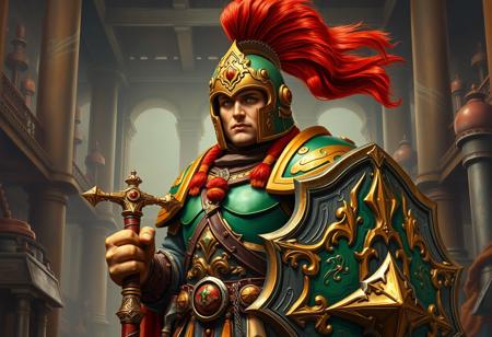 A classical masterwork painting in the style of Raphael, depicting a heroic World of Warcraft Scrap Soldier in a dignified yet dynamic pose, one hand firmly on a finely crafted sword, the other holding a ornate shield. The armor, rendered with rich impasto, is a glorious array of green and gold, intricately adorned with vibrant red and orange details that catch the light. The regal green and gold helmet is crowned with a flowing red plume, painted with exquisite detail. The background is a beautifully composed Scrap Factory, its architectural elements and machinery forming a grand, painterly backdrop that accentuates the Scrap Soldier. The scene conveys a timeless sense of readiness and heroic stature. 8K, Raphael Style, Houdini Style, Lifelike Details, Super Detailed Face and Eyes and Clothes, Handcrafted with Precision, High Quality, Sharp Brush Strokes, Stunning Colors, Harmonious Colors, Multi Colored, Contemporary Aesthetics, Beautiful Matte Painting, Impeccable Composition, Creative Angle, Attractive Background, Balanced Editing, Intentional Focus, Well-timed Moment, Captivating Lighting, Vivid Emotions, Joyful Impact, Powerful Message, Beautiful Detailed Eyes, CGSociety, trending on Artstation, Golden Ratio, Exceptional Quality, More Detail, Super Detailed.