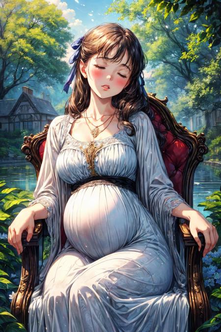 (RAW photo, 8k uhd, Analog style, Masterpiece, Best Quality, Highres:1.3), (dramatic, cinematic:1.2), BREAK,
movie shot of (cute curvy:1.11) young (18yo:1.2) (victorian:1.2) (french:1.15) (pregnant:1.18) girl, (sleeping:1.16) (sitting:1.1) (on rocking chair:1.2), (leaning back:1.26), big breasts, (wide hips:1.11), (ornate:1.25) (white:0.8) (transparent:0.65) (long victorian dress:1.4), (see-through:0.65) (robe:1.1), (hair ribbon:1.31), (long wavy hair:1.16), (closed eyes:1.1), (tilted head:1.26), (blush:1.26), (necklace:1.2), (lowered head:1.25), (pale shiny skin:1.2), (parted lips:1.2), innocent, calm, BREAK,
(overgrown:1.15) (garden:1.15), (colorful flowers:1.2), (red roses:1.31), big (oak trees:1.25), (victorian house:1.35), (mansion:1.25), (gazebo, pergola:1.3), (village:1.1), (pond:1.29) (lilys:1.16), forest, (vines:1.16), (bloom:1.1), (sunny day, blue sky, fluffy cloud:1.26), (godrays, light particles, bright:1.3), (photorealistic:1.2), (fantasy dream, shiny:1.3), (outdoors, light theme:1.3), (retro, vintage:1.4), (intricate:1.3), BREAK,
<lora:more_details:0.8>,
<lora:zoom_slider_v1:0.3>,