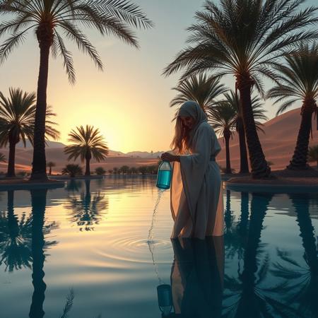 score_9, score_8_up, score_7_up, score_6_up, realistic photo, high quality, A oasis in the desert, crystal clear, reflective water, evening light, date palms, palm trees, 1girl filling her water flask from the oasis, diaphanous robes, petite