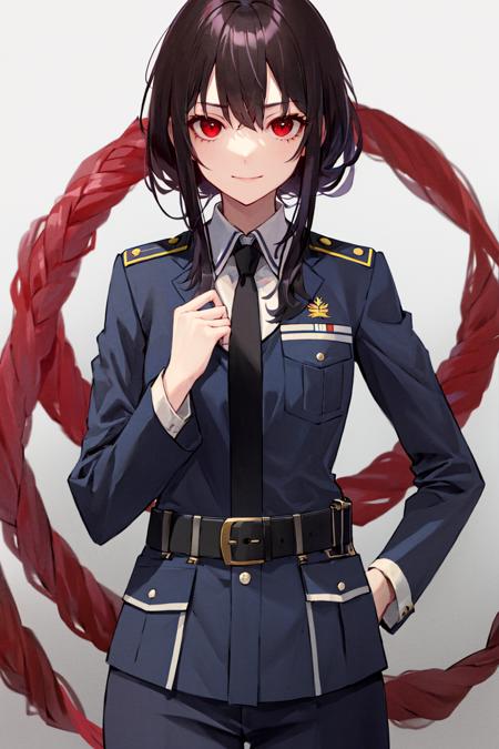 1girl, bangs, belt, black_hair, brown_hair, eyebrows_visible_through_hair, hair_between_eyes, hand_in_pocket, hand_on_hip, hands_on_hips, long_hair, long_sleeves, looking_at_viewer, military, military_uniform, necktie, red_eyes, smile, solo, uniform, upper_body <lora:style_shirabiiT0:1.0>