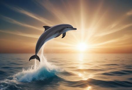 Dolphin jumping over sea water, sun halo background, very realistic photography
