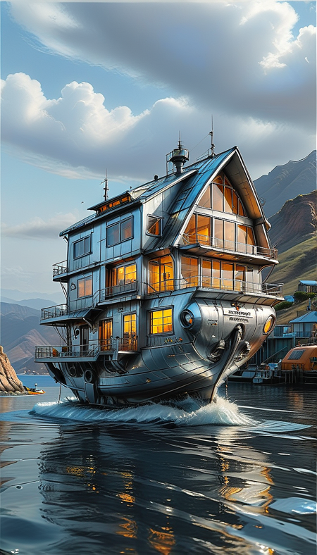 (outdoors, water, sky, cloud, no humans, day, scenery, watercraft, ocean, window, ship, mountain, building, house, Walking vehicle, Traction City, silver paint)
night. glow neon, neon, hyperrealism, glossy, shinny, clear image, accurate picture, clear picture, precise image, focused image, Science fiction style, Science fiction,
(ultra sharp focus:2), (detailed windows:2), (thin lines:2), (reflections:0.5), (best quality:1.8),
<lora:Apparatus_-_Traction_City_Walkers_Vehicles:0.8>