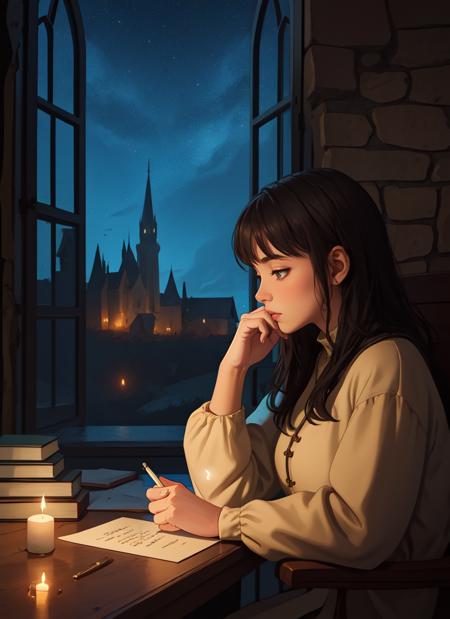 <lora:lofistudy:0.5>, lofistudy, 1girl, from side, writing, candle, candlelight, hand_on_own_chin, hand_rest, book, papers, stone wall, medieval, fantasy, night, window, starry_sky, battlefield, medieval background