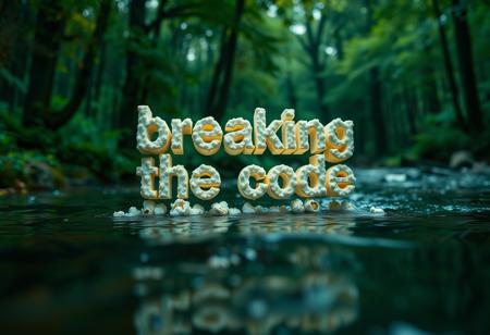 In a cartoon style, 3D Text made out of popcorn popping out of the water, displaying"braking the code" Low wide angle, a scene with Neo from the film Matrix standing in a lush green Forest by a flowing stream his face serine  typing braking out of the code from the set design of the Film the Matrix,  he has just typed on the computer, text braking out of the error code, Expressiveh,(best quality:1.1), (detailed), (highres, best quality:1.2) ,  cinematic lighting, black pro mist filter, Hollywood filter, film still cinematic photo breathtaking score_9, score_8_up, score_7_up, BREAK, 8k, masterpiece, high quality, highly detailed, detailed skin, depth of field, film grain, highly detailed, detailed skin, depth of field, film grain, <lora:CinematicStyle_v1:1> . award-winning, professional, highly detailed . 35mm photograph, film, bokeh, professional, 4k, highly detailed . shallow depth of field, vignette, highly detailed, high budget Hollywood movie, bokeh, cinemascope, moody, epic, gorgeous, film grain