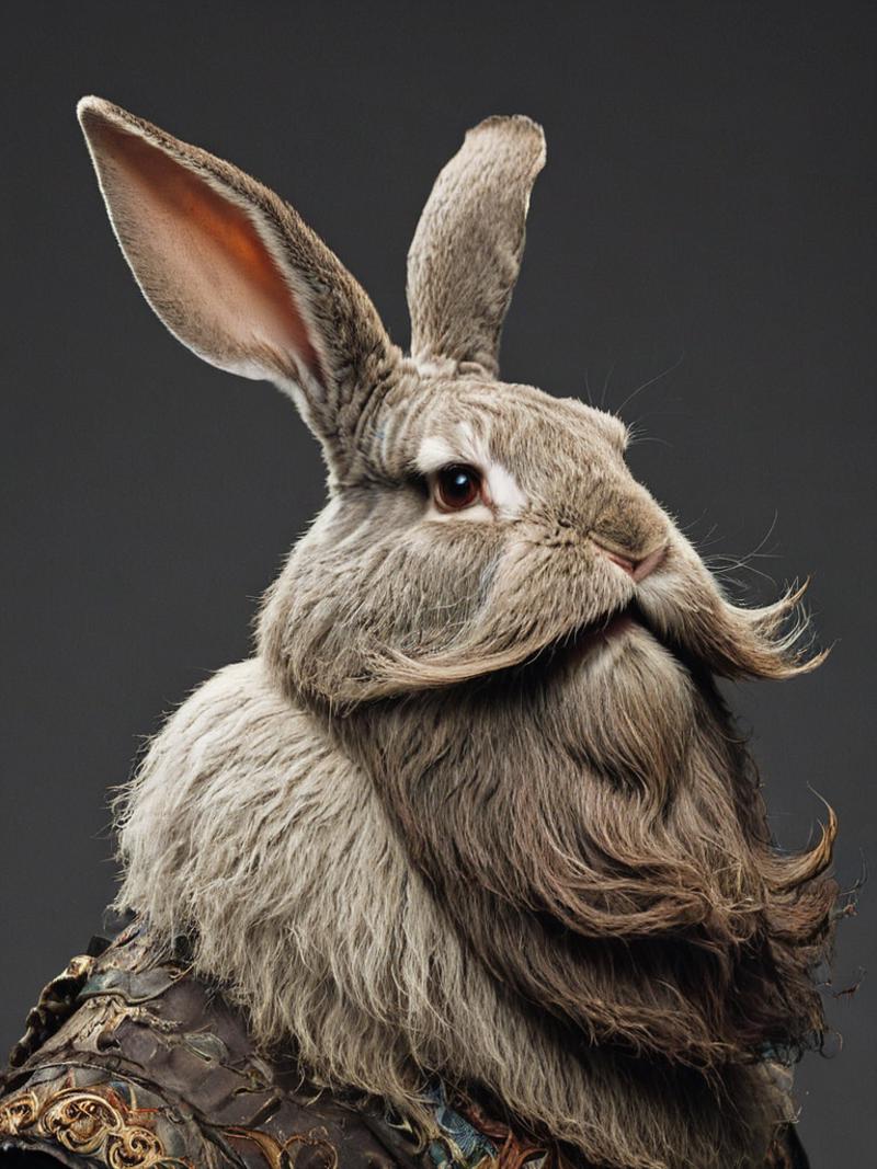 A close-up of a large, furry, long-haired rabbit with a big mustache and beard.