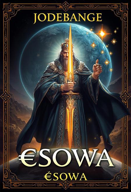 Create an epic, detailed book cover for a biography of Emperor J0DEBANGE the Eternal, who brought about the evolution of civilizations on the planet €SOWA.
The design should include:
Background: A stylized representation of the planet €sowa, with its name "€SOWA" subtly integrated into the design, using magical symbols and elegant patterns.
break
Main character: A majestic illustration of Emperor “J0DEBANGE” in the foreground, dressed in ornate midnight-blue imperial robes and holding a sword of light symbolizing his power and wisdom.
break
Light theme: Luminous elements surrounding the emperor, such as rays of golden light or brilliant auras, to reflect his honorific title of 'son of light'.
break
Mystical elements: Arcane and magical symbols floating around him, representing his status as 'Prince of Arcana'.
break
Book title: the emperor's name "J0DEBANGE" at the top, and the planet's name "€SOWA" at the bottom, in elegant, legible typography.
break
Art style: A blend of epic fantasy and science fiction using the Luis Royo style, with rich details and vibrant colors to capture attention.
break
General ambience: An atmosphere of grandeur and mystery, evoking epic tales and ancient legends."
Translated with DeepL.com (free version)