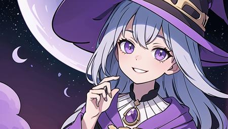 1whitch,evil,purple,in a purple dark universe,dark star sky,witch hat,((front face)),smile,looking at hand,(look down:0.9), masterpiece, best quality,4k,high quality