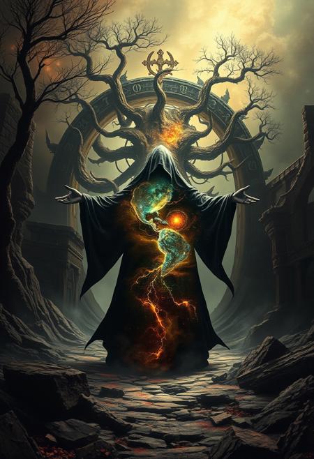 A universe inside a dark cloaked figure within mysterious landscape in an unfathomable realm of fantastic creation inhabited by ancient shadows of a forgotten time beyond the gate of the gateless gate where life is limitless, light is shadow and shadow is light, eerie sense, horror, spark of the beginning, existence and nonexistence at once, ethereal, outstretched arms, behold the end of the beginning, inglorious glory to the dark one, betrayal of the ancient order, beware the 7headed beast, destroyer of the old ways, bearer of the unbearable, nightmarish, archaic runes, tree aging backwards, breath of the gods, ruins of a place unimagined, extreme intricate detail, photorealistic, beyond epic scene, fate discarded, unseeable face of god, the end is the beginning, the beginning is the end, man arises as god dies, as above so below, as below so above, emerald tablet
