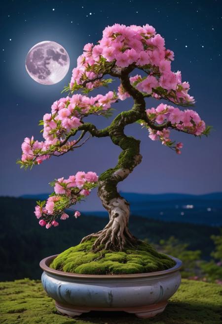a beautiful bonsai tree in a garden. The tree is in the center of the image, with its branches reaching up towards the sky. The branches are covered in pink flowers, which are cascading down in a cascading manner. The flowers are in full bloom, creating a vibrant and colorful display. The tree is placed in a large, ornate pot, which is placed on a bed of green moss. The pot is surrounded by pink flowers and rocks, and there are strings of pink lanterns hanging from the branches. The background is a dark blue night sky with a full moon visible in the distance. The overall mood is peaceful and serene, with a sense of serenity and tranquility. moon, no humans, tree, full moon, night, flower, blurry, outdoors, scenery, pink flower, depth of field, rock, night sky, sky, nature, plant, blurry background, cherry blossoms, fireflies, grass, huge moon, branch, forest, moonlight, field, blurry foreground