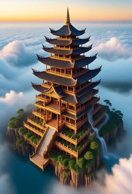a colossal temple floating above the clouds, sculpted from sacred hardwood, its intricate carvings depicting forgotten legends, massive wooden wings extending from its sides, slow rhythmic movements as if the temple breathes, golden filigree shimmering in the twilight, waterfalls cascading from its foundations into the mist below, giant floating lotus flowers orbiting the structure, celestial light filtering through the wooden spires, suspended in an eternal sunset, hyper-detailed textures, cinematic fantasy atmosphere, ultra-HD lighting, surreal divine architecture