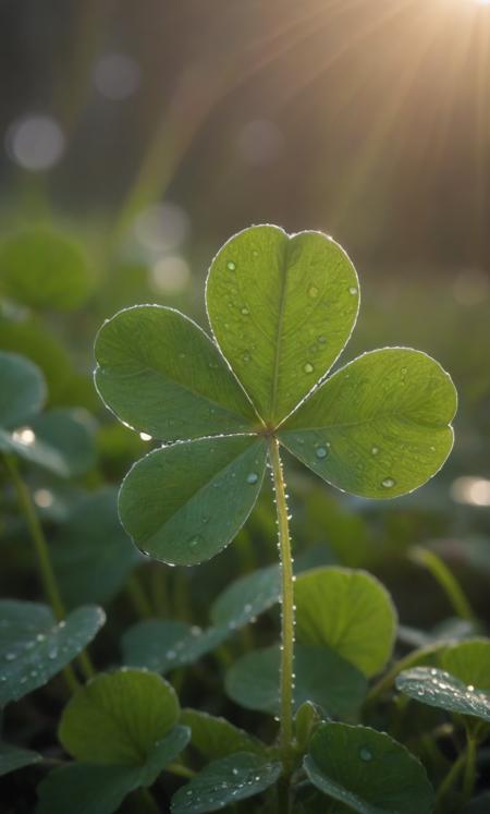 (macro photography), (shamrock), morning dew, water drop falling, golden hour, light rays,  <lora:RMSDXL_Enhance:2>