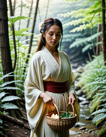 Realistic image of a beautiful woman, Asian woman, dark hair, <lora:Ai_Lotus:0.75>,,<lora:muromachi86:0.6>, Misty mountain grove at dawn: a yamabushi aspirant in simple hemp kimono collects sacred herbs in a woven basket, shafts of diffused light piercing dense foliage, 35 mm lens, subdued earth tones, visible volumetric beams. ,low light, soft natural light, Rembrandt style light, Hasselblad DLSR camera, 200mm Zeiss lens, f/2.8, ,Sexy pose, erotic pose, exhibitionism, ,Bridge over a river