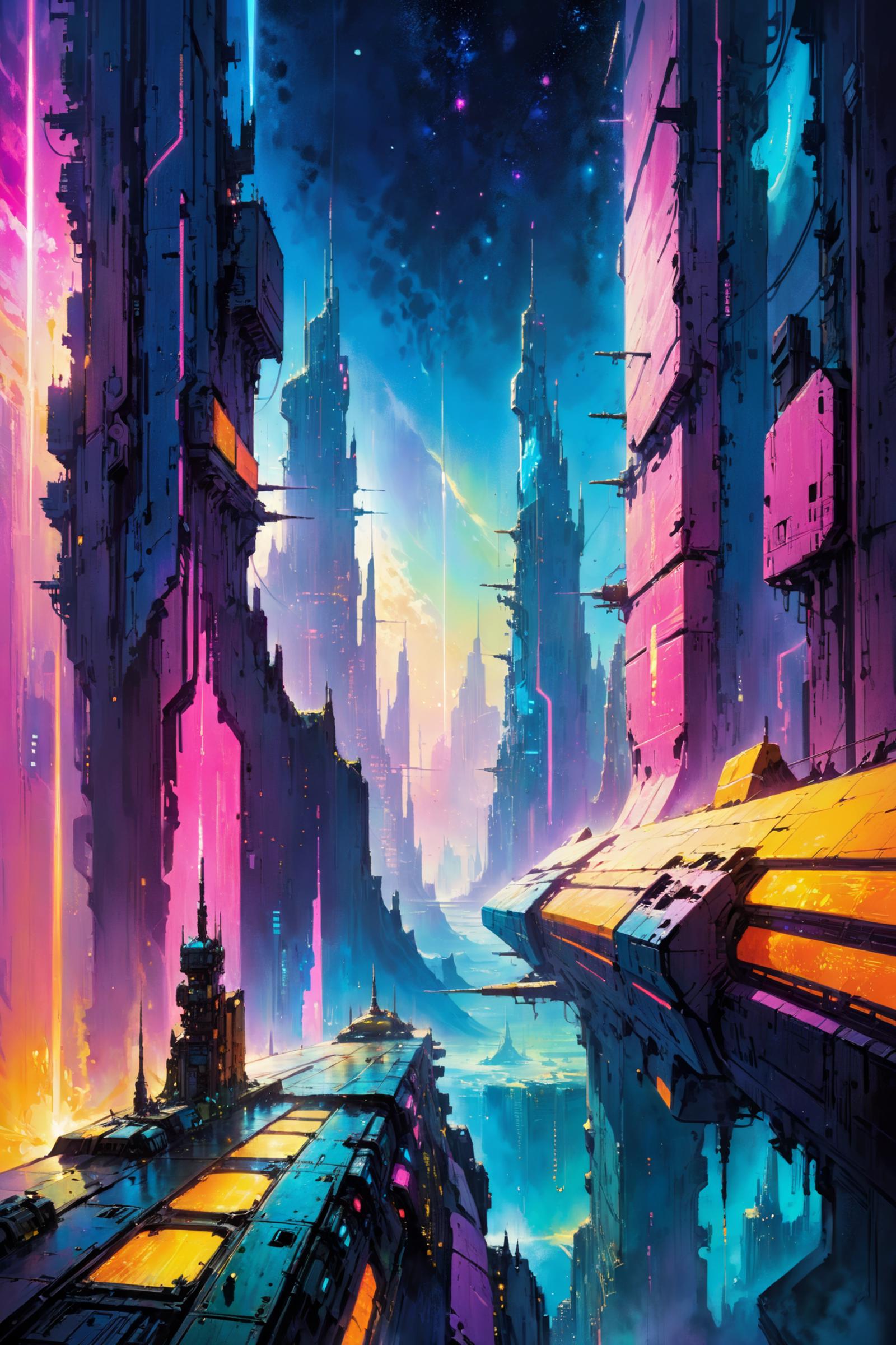 Futuristic City with Tall Towers and a Spacecraft on the Ground in a Pink Sky