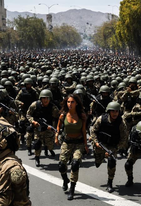 chvnmxlrd, 1girl, solo, looking at viewer, sitting, parted lips, midriff, dark skin, dark-skinned female, realistic 24 year old, hair, breasts, eyes, best quality, RAW photo, subject, 8k uhd, high quality, photorealistic, sumptuous, Chileâs 1973 coup, political unrest in Santiago, military forces clashing with protesters, Eye-level shot <lora:chvnmXLrd:0.9>