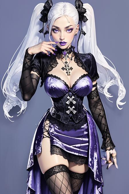 purpl3, thighhighs, long sleeves, dress, choker, black thighhighs, necklace, cross, fishnets, lace, fishnet thighhighs, gothic, purple velvet,