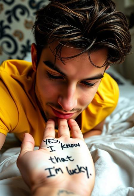 Close-up face photo of (Luca, 21 yo man, toned slim athletic, calm expression). He is looking down at the hand with a requestive smile. yellow shirt, on the bed, on all fours. His chin rests on the messy bed sheets. View from below, low angle. Natural light shine on his face, focus on his face. His face is in clear focus. His hand show a handwritten note that says "YES, I KNOW THAT I'M lucky". Abstract background of a bedroom.