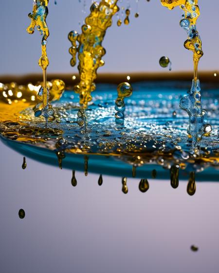 a close-up painting of a water fountain with a blue sky in the background and water droplets on the bottom of it, and a blue sky in the background, art by waterworksv2