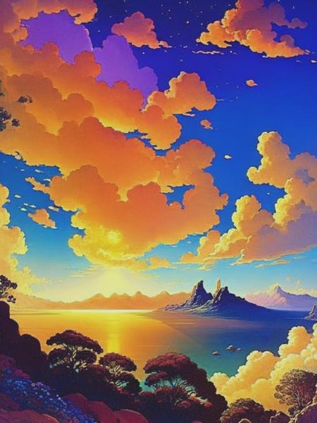 <lyco:MaxfieldParrish:1.0> beautiful vibrant colors celestial sky fantasy by Maxfield Parrish Skies art nouveau