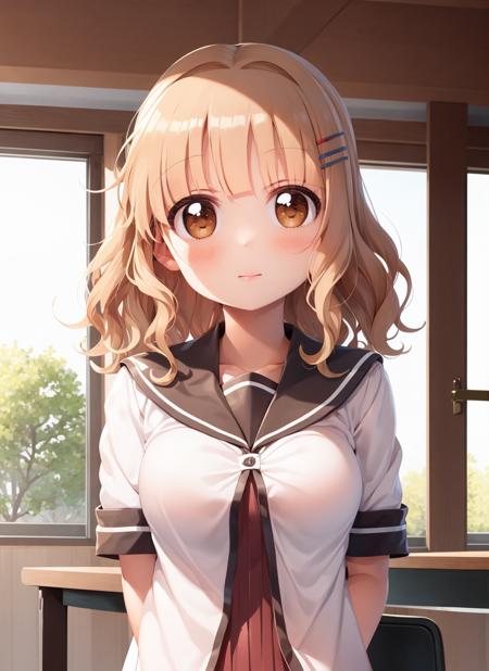 masterpiece, best quality, ultra-detailed, illustration,  <lora:furutani_himawari-v14:0.9>, 1girl, solo, oomuro sakurako, blonde hair, brown eyes, hair ornamet, hairclip, medium hair, takahero, nanamori school uniform