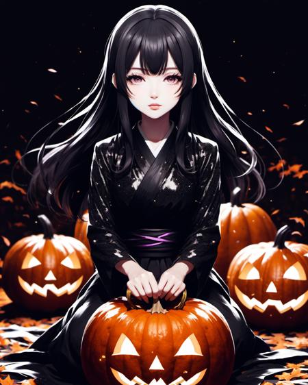 ShadeStyle, Outflowing Shadows, monochrome, glowing, Omori style, horror Eldrich abomination, halloween, body horror, rich deep color, corrupted photograph, brush strokes, Shimmering swirling glitter, strybk style, muted colors, full body, simple background, 3d anime style, a cute korean girl, slender and small face, looking at viewer, with a katana in her hands, shredding a pumpkin, <lora:add-detail-xl:2>