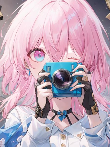 ultra-detailed,(best quality),((masterpiece)),(highres),original,extremely,sanyueqi,1girl,camera,solo,one eye closed,pink hair,holding camera,looking at viewer,holding,gloves,long sleeves,blue eyes,bangs,shirt,white shirt,black gloves,fingerless gloves,hair between eyes,v,upper body,pink eyes,<lora:sanyueqi_xl:0.8>,