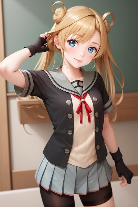 abukuma kai ni double bun hair rings twintails school uniform jacket serafuku neck ribbon short sleeves pleated skirt bike shorts partially fingerless gloves