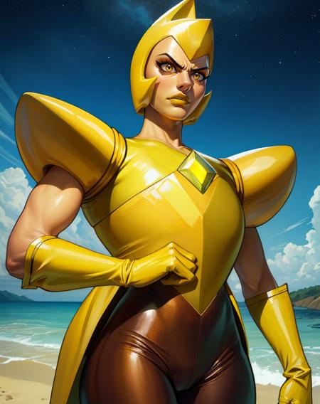 ylwdim,(yellow skin:1.1),yellow eyes,helmet,yellow lips,
chest diamond,yellow gloves,brown pants,dark yellow and olive bodysuit,a yellow coat with shoulder pads,
standing,
serious,teeth,
stars,beach,
(insanely detailed, masterpiece, best quality),<lora:yellowdiamond-11SSv11:0.8>,