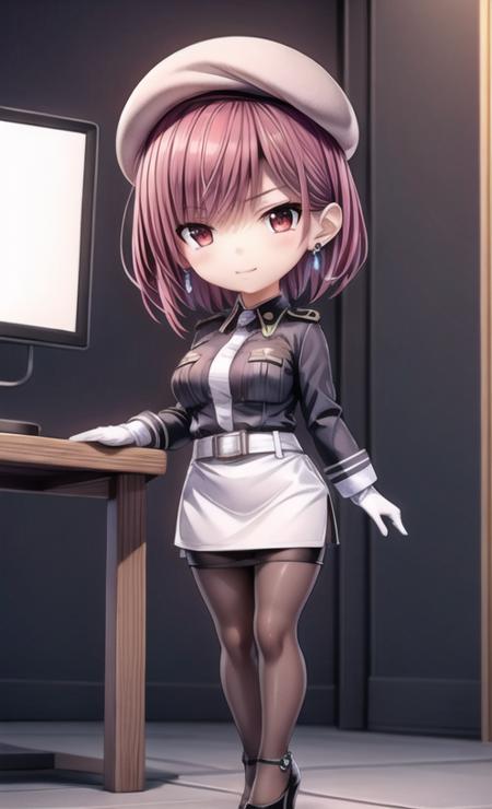 ((best quality)), ((masterpiece)), (detailed), War room, multiple screens on the wall
1girl, solo, pantyhose, skirt, uniform, hat, gloves, Fuchsia hair, short hair, military, full body, military uniform, looking at viewer, white gloves, red eyes, hand on hip, necktie, beret, white skirt, white belt, standing, black footwear, jacket, white pencil skirt, black pantyhose, long sleeves, purple necktie, bangs, high heels, earrings, closed mouth, breasts,chair, standing on chair, <lora:add_detail:1>,  <lora:blindbox_v1_mix:1> full body, chibi,