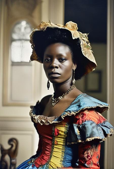 Color photo (freed southern slave wearing extravagent vivid colorful haute couture dress 1871)(deep blacks)(evocative depth of field)(absolute sharpness)
<lora:LCM-LoRA-XL_V1:0.21>
<lora:SDXLHighDetail_v5:0.3>
<lora:MJ52:.6> 
<lora:JuggerCineXL2:.6>