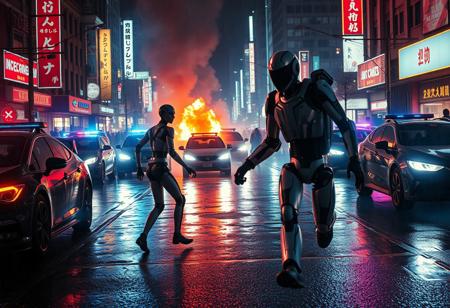 Futuristic cyberpunk scene in the year 2099 of humanoid robots rioting on streets, futuristic tech everywhere, a lone humanoid robot fighting against other robots, futuristic cyberpunk cars, chaos everywhere, robots turning cars over, fires, people running, night, raining, wet asphalt, futuristic police, fire, smoke, neon lights, cinematic