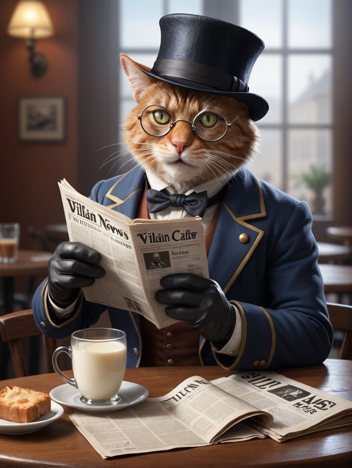 A cartoon cat dressed in a suit and hat is reading a newspaper.