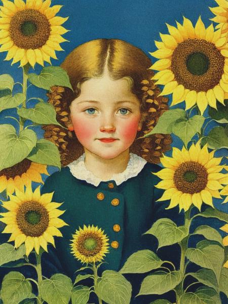 <lyco:JessieWillcoxSmith:1.0> illustration by Jessie Wilcox Smith, child in sunflowers