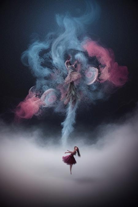 surreal, waltz of fractal smoke over the abyss, fantasy smoke, dresses and stars, dynamics, movement, wind, colorful, intricate details, perspective, hyper-detailed, hyper-realism, professional photoshoot