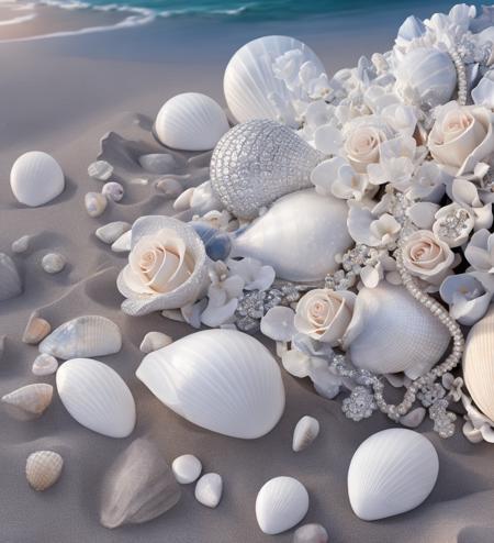 white beach. flowers roses and shiny large shells, diamond crystal, on the beach, fantasy, sky night , moon, smoke , photo, HD, 8K , realistic, HD,  intricate, 8k, highly detailed,fun, sharp focus,