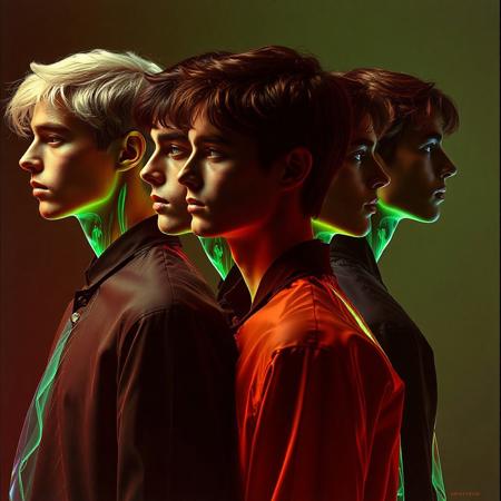 4 Caucasian Male models  , all identical but in different stances , crystallisation, schizophernia, bioluminescent Jem the Hologram, surreal psychedelic flowing avant-garde art by Yoh Nagao and Erik Madigan Heck and Alan Aldridge, 1980's new wave totally radical fashion.,side view, side eye,