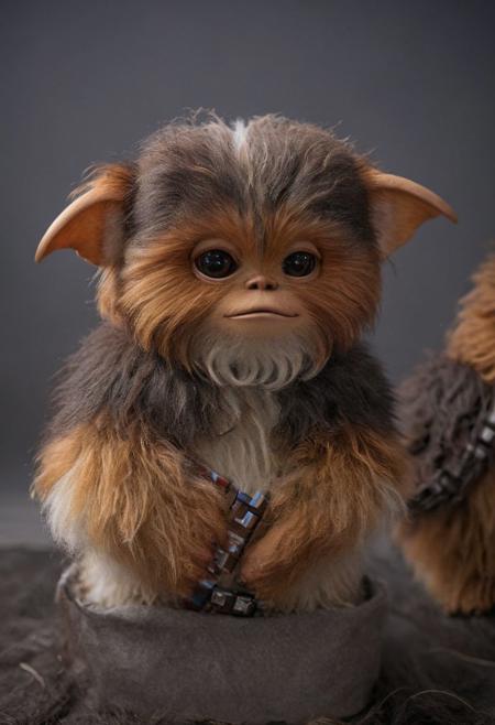 amazing quality, masterpiece, best quality, hyper detailed, ultra detailed, UHD, perfect anatomy, portrait, dof, hyper-realism, majestic, awesome, inspiring, - a fluffy cute #giz# gizmo( inspirated in Chewbacca:2.3),  cinematic composition, soft shadows, national geographic style,