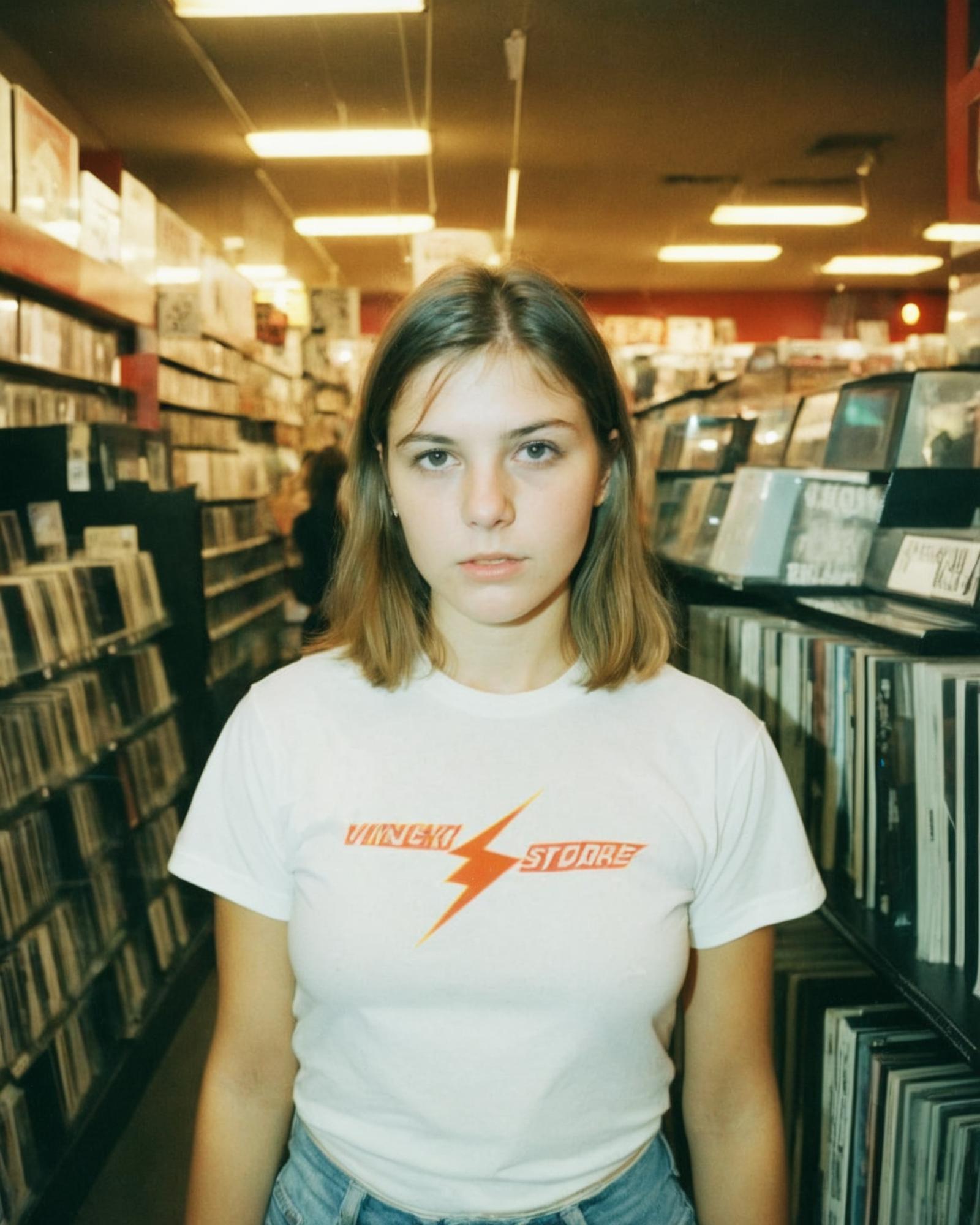 A woman wearing a white shirt with the word "Vinyl" on it stands in a store.