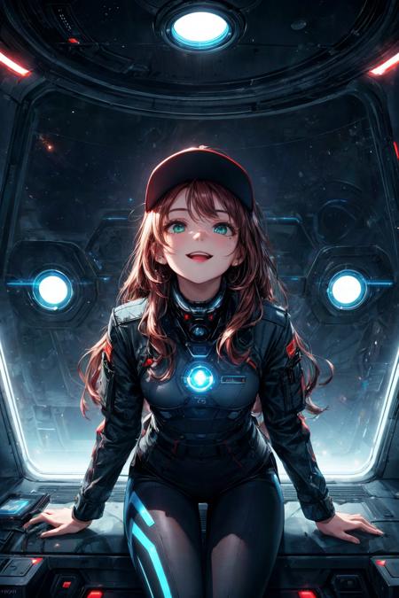 (RAW photo, 8k uhd, Analog style, Masterpiece, Best Quality, Highres:1.3), (dramatic, cinematic:1.2), BREAK,
movie shot of (mature woman:1.1) (Claudia Ivanova:1.1) (female spaceship commander:1.1), military (blue uniform:1.17), (jacket:1.1), (black pants:1.1), small breasts, (wide open:1.05) (green eyes:1.13), (light smile:1.1), detailed skin, wavy red brown hair, mole, (necklace:1.1), (excited expression, delighted:1.07), (dreaming:1.2), sitting on (bed:1.3) in ((futuristic:1.2) spaceship (room:1.1):1.2), (looking up:1.25), (arm support:1.3), futuristic interior, blanket, (visor:1.1), BREAK,
(lamp:1.1), space (porthole:1.15), wide (window:1.15), ((space, stars:1.15), 1planet, spacecraft:1.2), (holographic interface, control panels:1.1), calm mood, seductive, (science fiction:1.3), (science fiction style:1.3), (intricate:1.1), (light particles, glowing:1.1), (light theme:1.3), (film grain:1.1), BREAK,
<lora:more_details:0.85>,
<lora:zoom_slider_v1:1.8>,