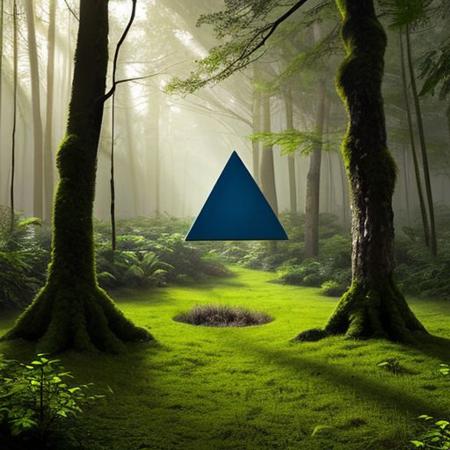 A hyper-realistic painting featuring a three-dimensional blue triangle with human eyes and a mouth, clearly expressing an emotion such as sadness or joy. The triangle should have realistic textures and lighting, making it appear as part of the physical world. It is set in a lush, vibrant forest at dawn, with sunlight filtering through dense foliage, illuminating the moss-covered ground and small wildflowers. Birds and woodland creatures add life to the serene setting. The triangle should blend seamlessly into the environment despite its surreal form, creating a striking contrast between the natural beauty of the forest and the lifelike, anthropomorphic triangle