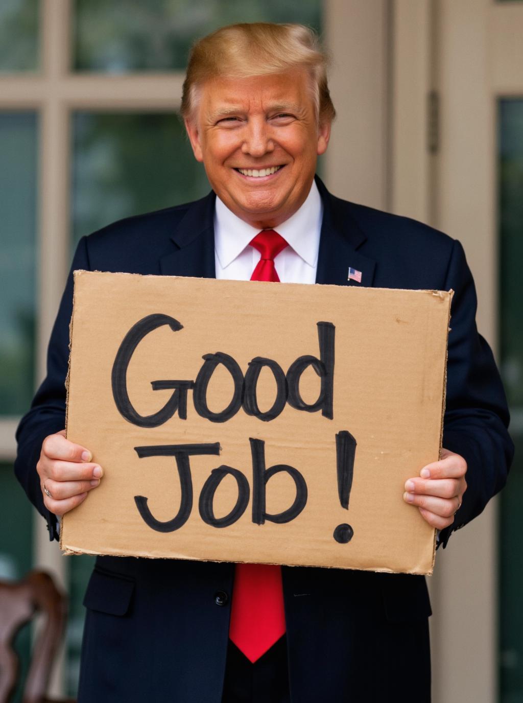 Donald Trump is holding a cardboard sign and it says "Good Job!"