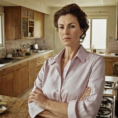 A portrait of a beautiful 40yr old thick busty Caucasian mother standing at kitchen taken by Martin Schoeller, for playboy centerfold cover {{highly detailed }}