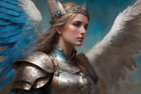 ((Masterpiece, best quality)),beautiful colors, sharp contrast,oil painting, vintage,crackled paint,
walkure, portrait of a  woman ,wearing walkure,wings,armor,winged helmet,painted in walkure style
 <lora:edgWalkureXL:0.7>