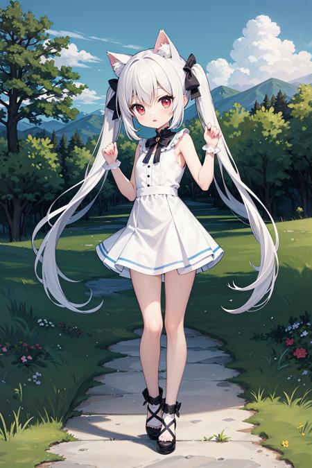 (((masterpiece))), best quality, illustration, 1girl with light white long hair, beautiful detailed red eyes, light white long straight hair, (cute), (petite), slim, solo, solo focus, standing, full body, cat ears, twintails, mini skirt, sky, grass, mountains